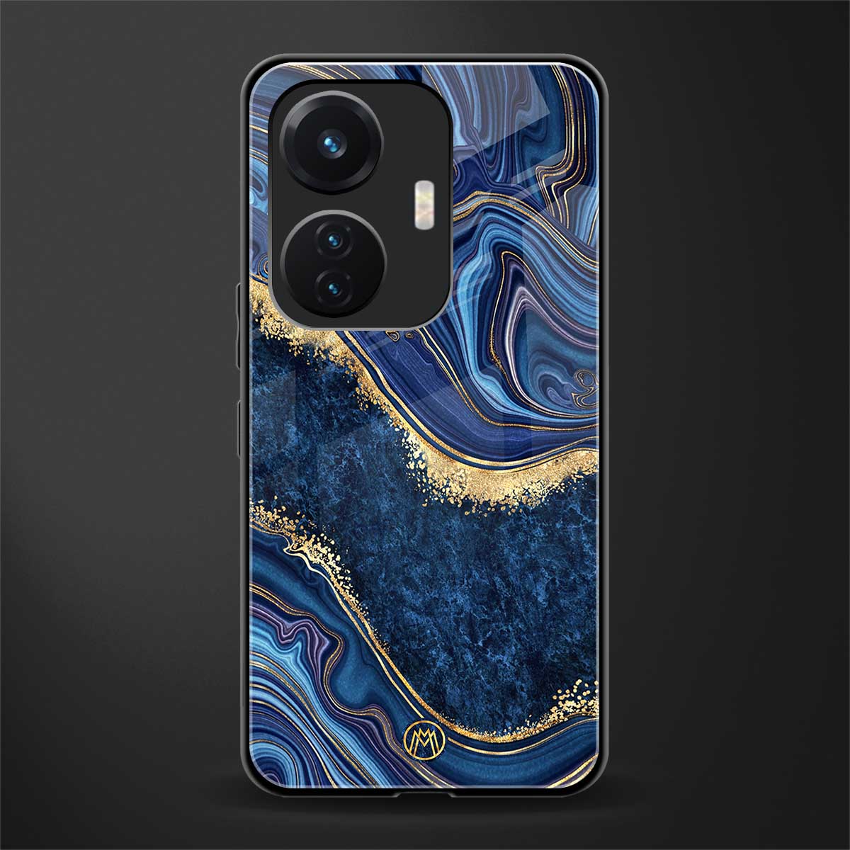 blue gold liquid marble back phone cover | glass case for vivo t1 44w 4g