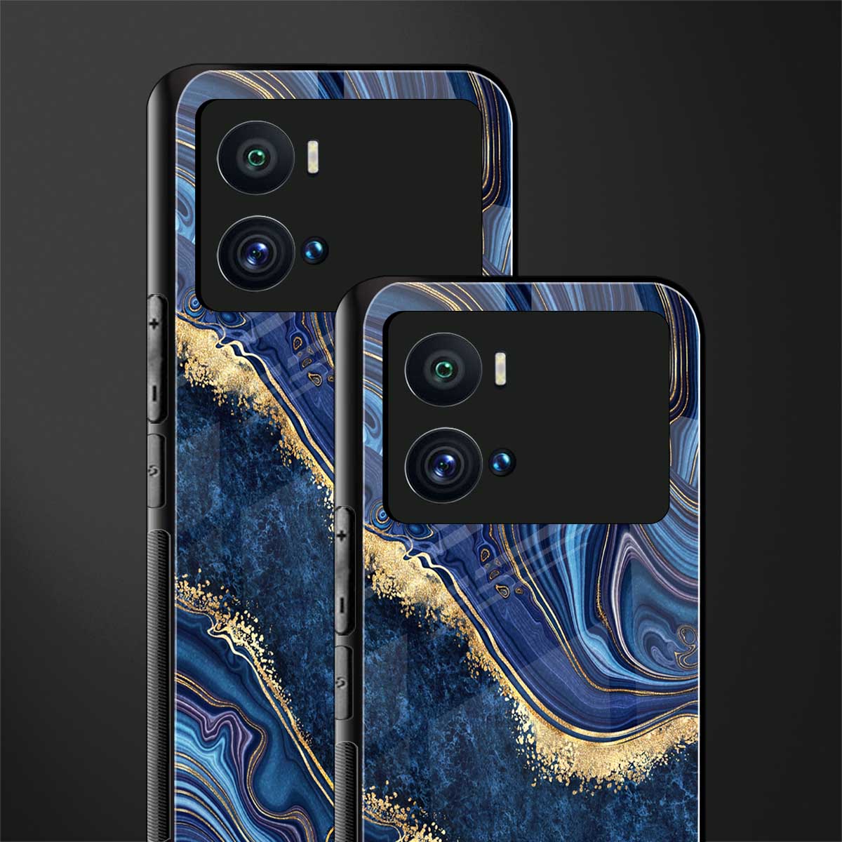 blue gold liquid marble back phone cover | glass case for iQOO 9 Pro