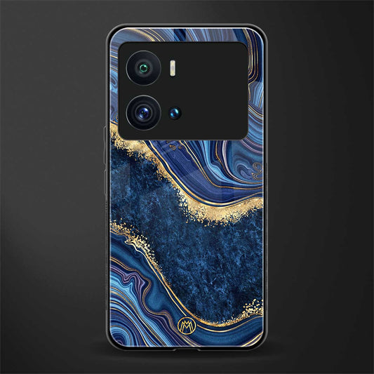 blue gold liquid marble back phone cover | glass case for iQOO 9 Pro