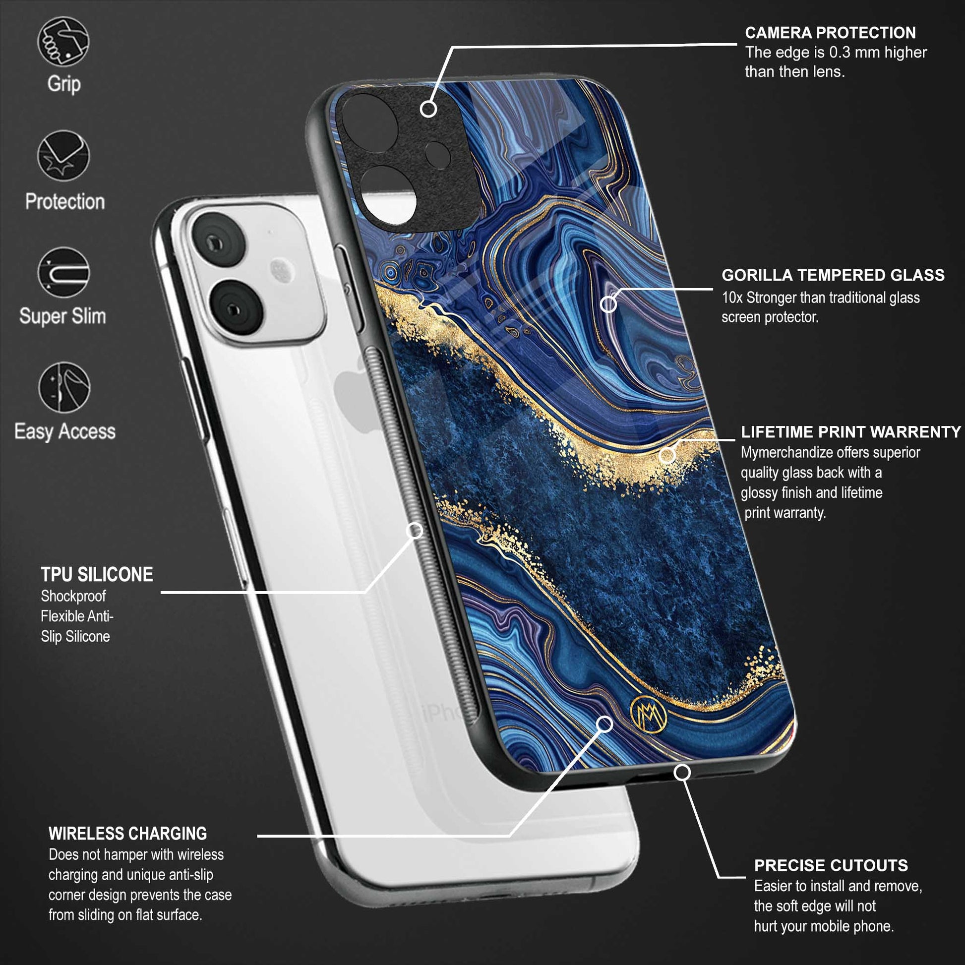 blue gold liquid marble back phone cover | glass case for vivo v25-5g