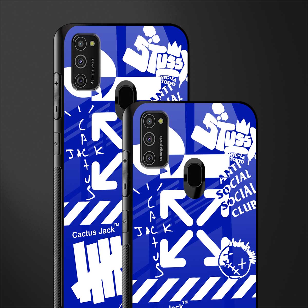 blue travis scott x anti social social club glass case for samsung galaxy m21 image-2