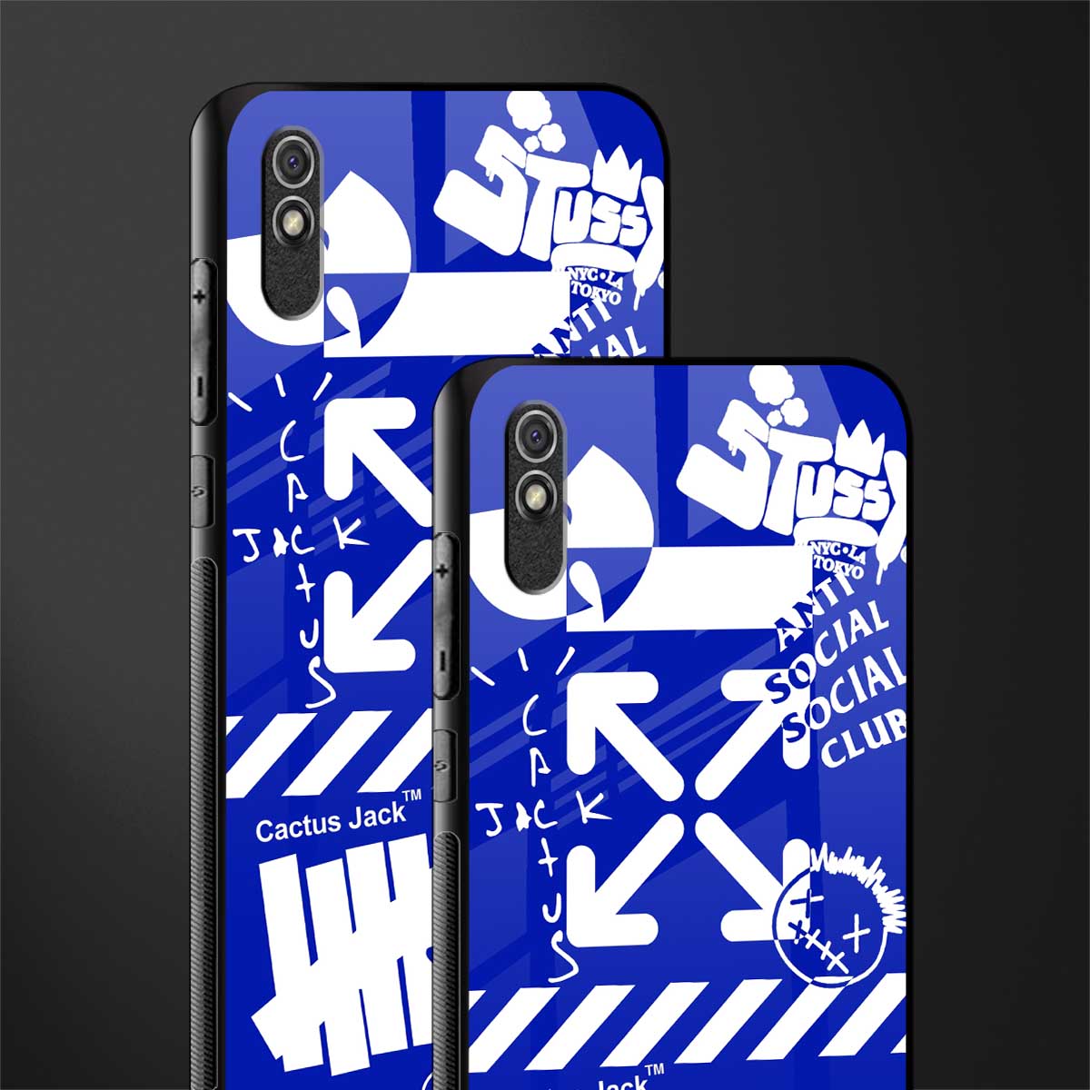 blue travis scott x anti social social club glass case for redmi 9a image-2