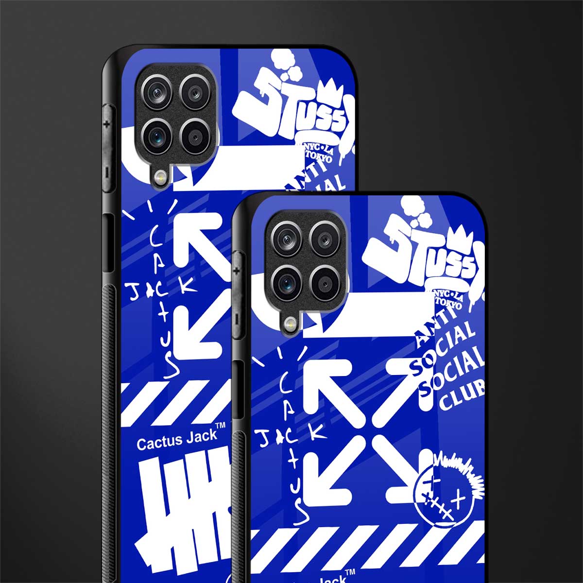 blue travis scott x anti social social club glass case for samsung galaxy a12 image-2