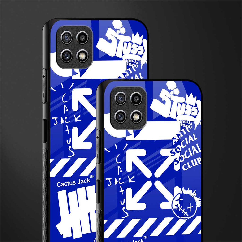 blue travis scott x anti social social club glass case for samsung galaxy a22 5g image-2