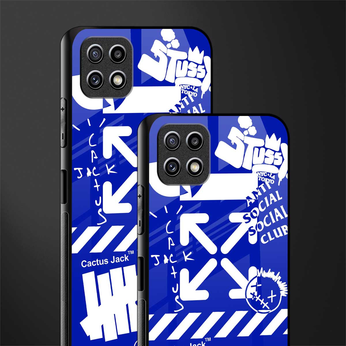 blue travis scott x anti social social club glass case for samsung galaxy a22 5g image-2