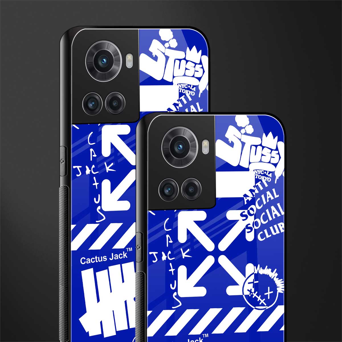 blue travis scott x anti social social club back phone cover | glass case for oneplus 10r 5g