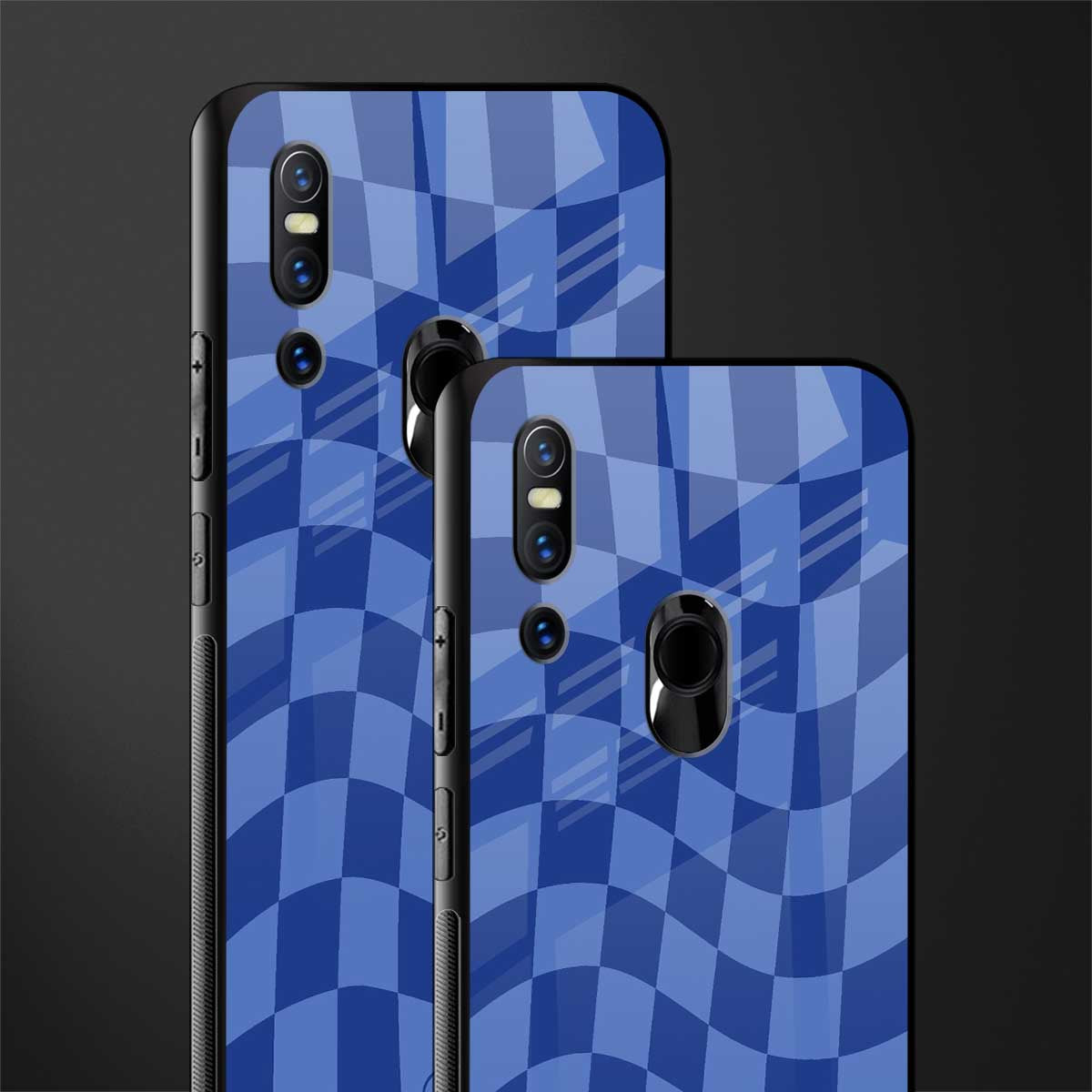 blue trippy check pattern glass case for vivo v15 image-2