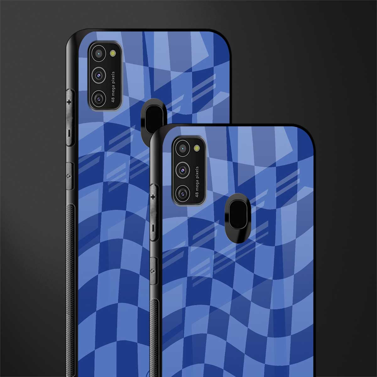 blue trippy check pattern glass case for samsung galaxy m21 image-2