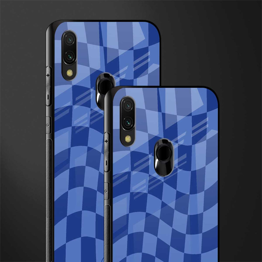 blue trippy check pattern glass case for redmi note 7s image-2