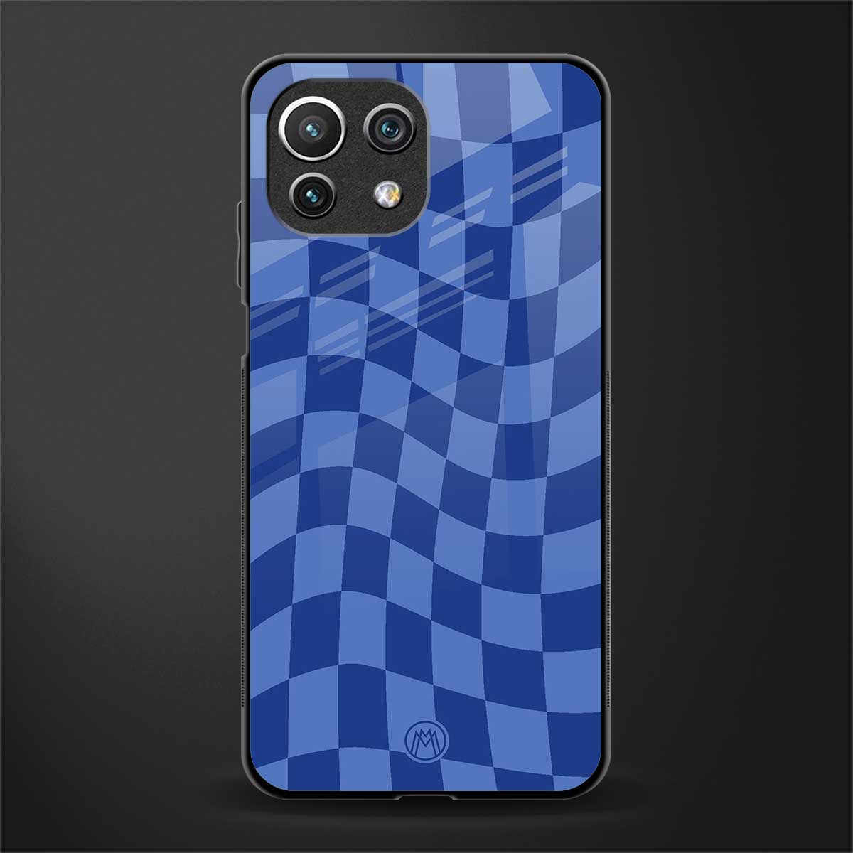 blue trippy check pattern glass case for mi 11 lite image
