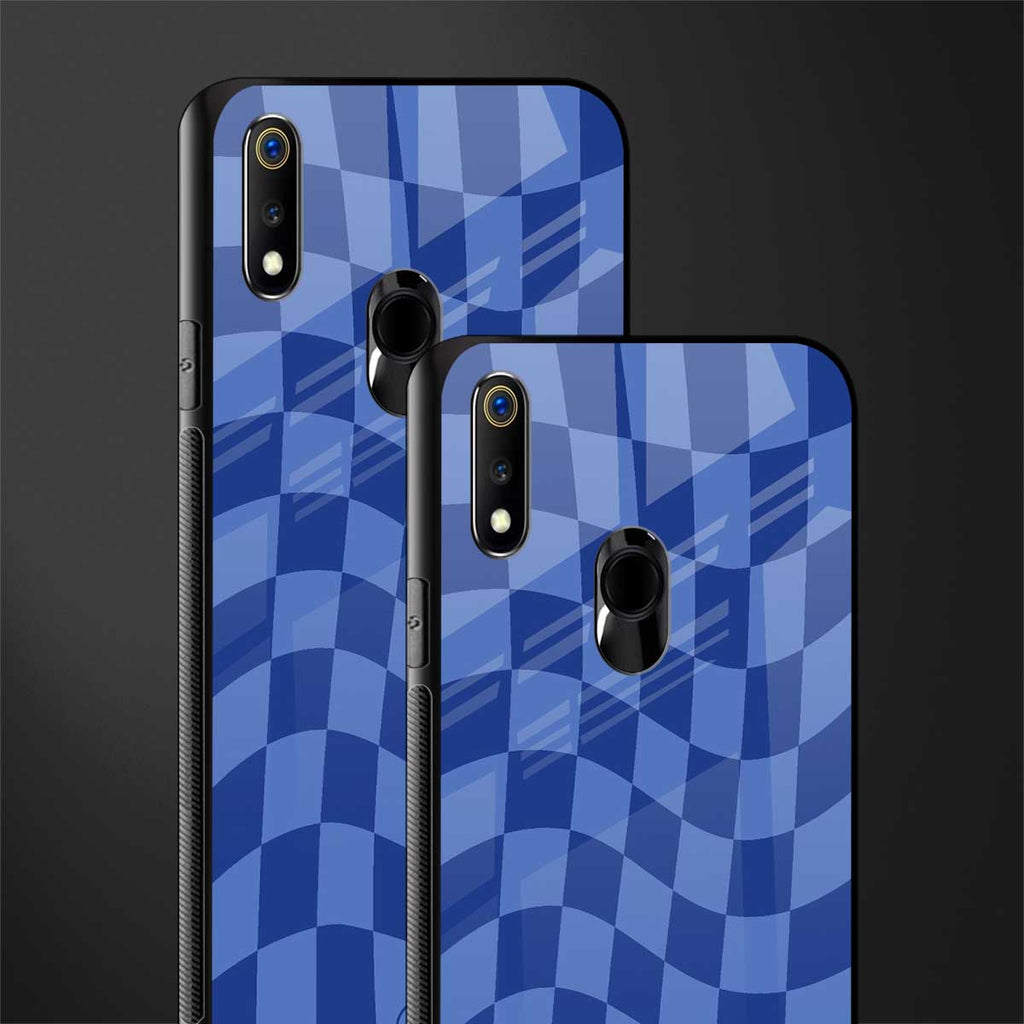 blue trippy check pattern glass case for realme 3 pro image-2