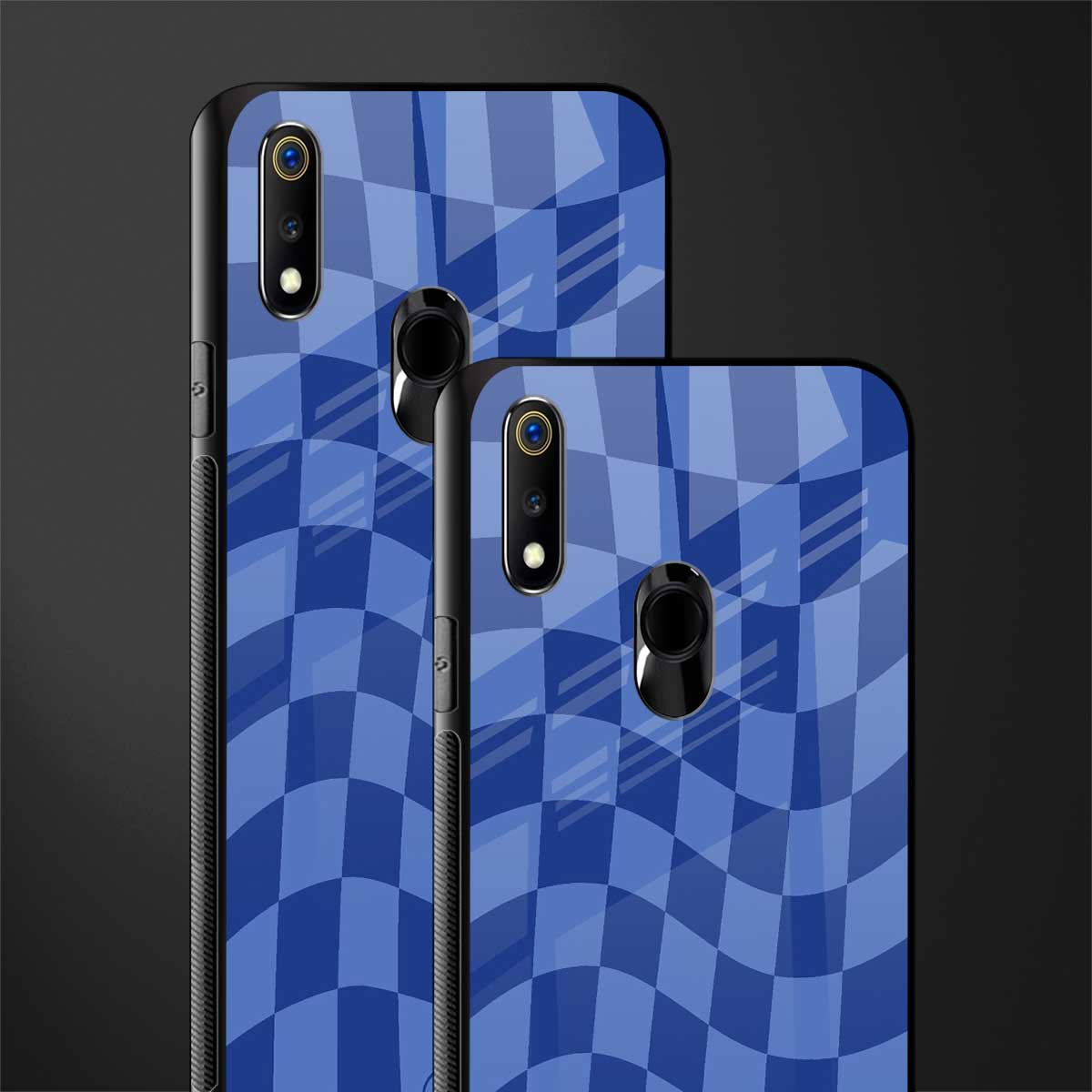 blue trippy check pattern glass case for realme 3 pro image-2