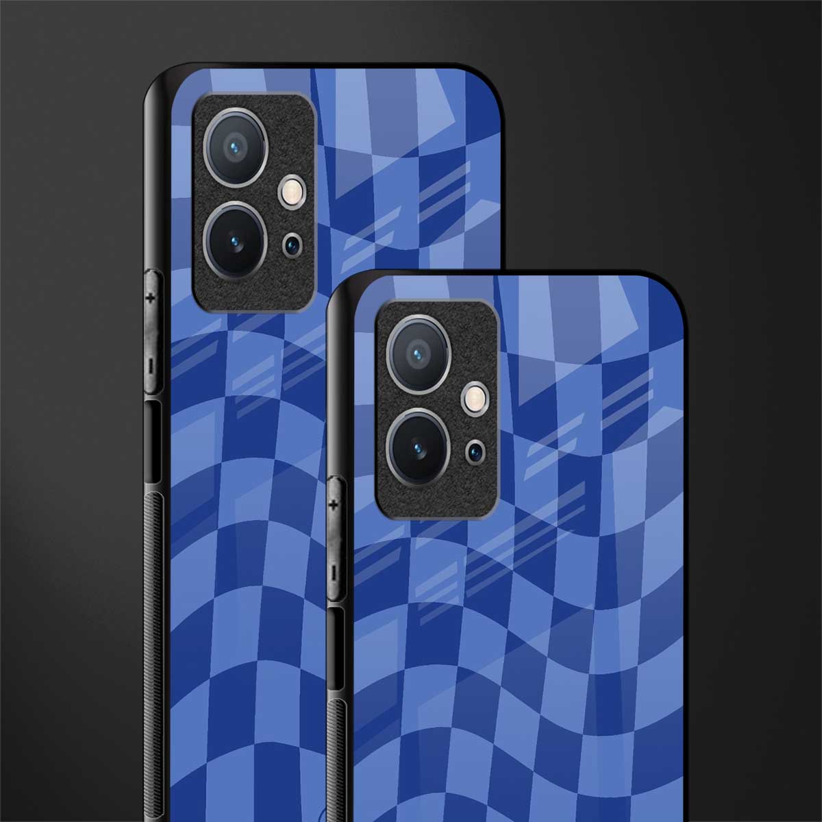 blue trippy check pattern glass case for vivo y75 5g image-2