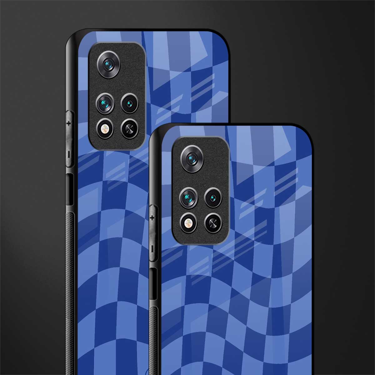 blue trippy check pattern glass case for poco m4 pro 5g image-2