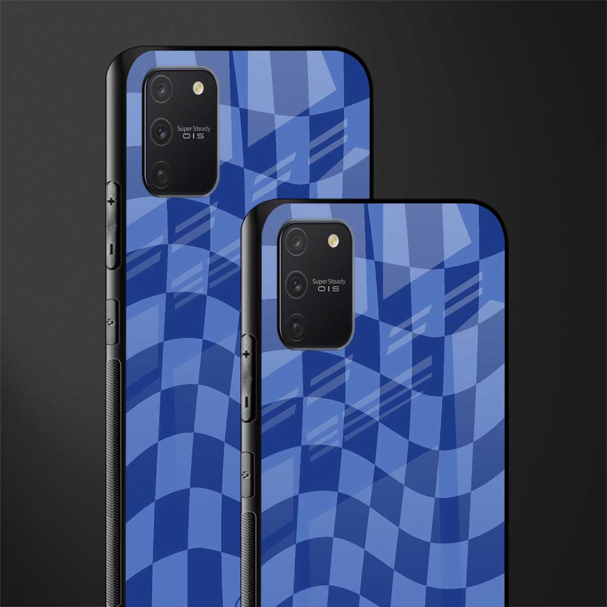 blue trippy check pattern glass case for samsung galaxy a91 image-2