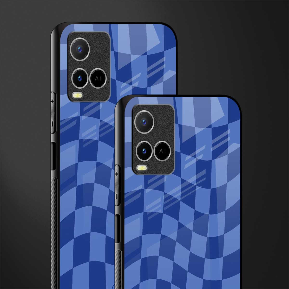 blue trippy check pattern glass case for vivo y21t image-2