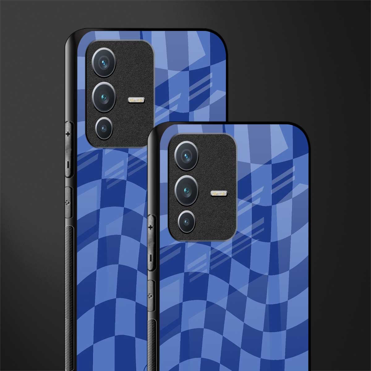 blue trippy check pattern glass case for vivo v23 5g image-2