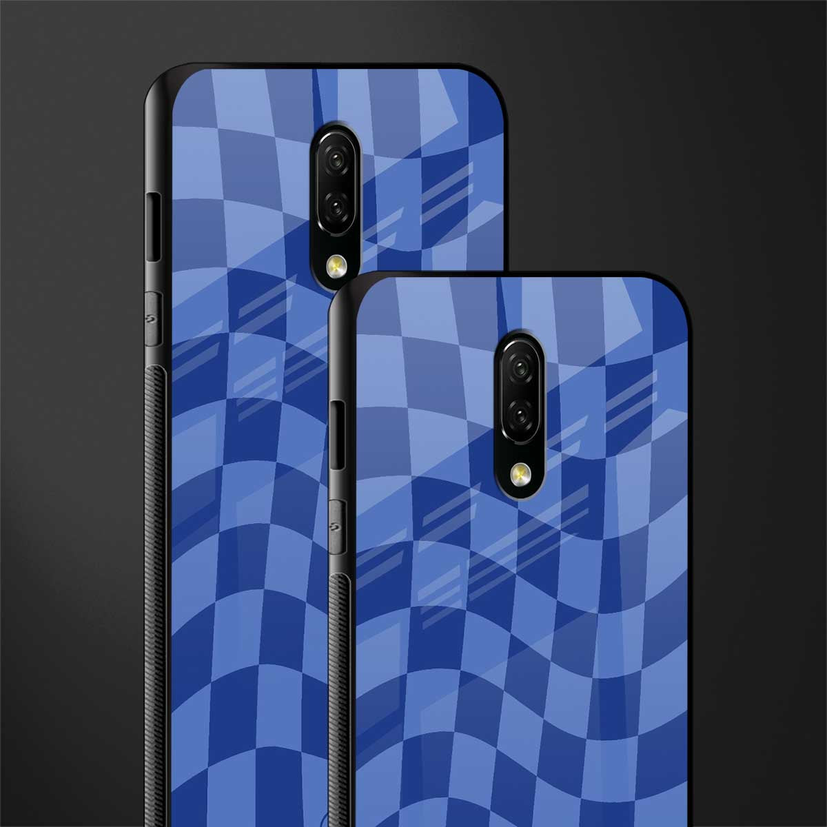 blue trippy check pattern glass case for oneplus 7 image-2