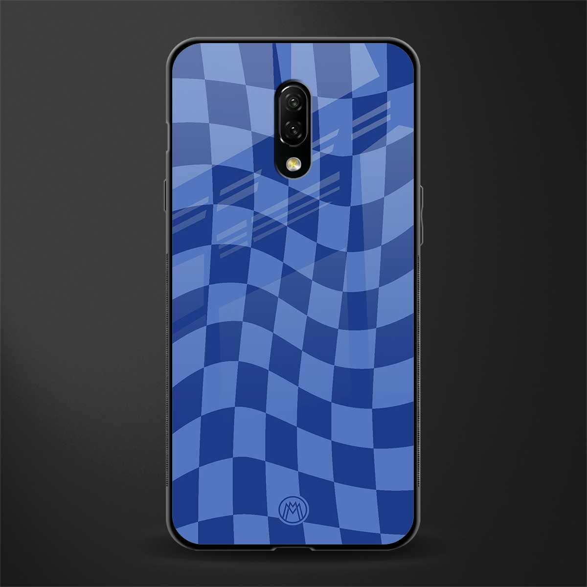 blue trippy check pattern glass case for oneplus 7 image