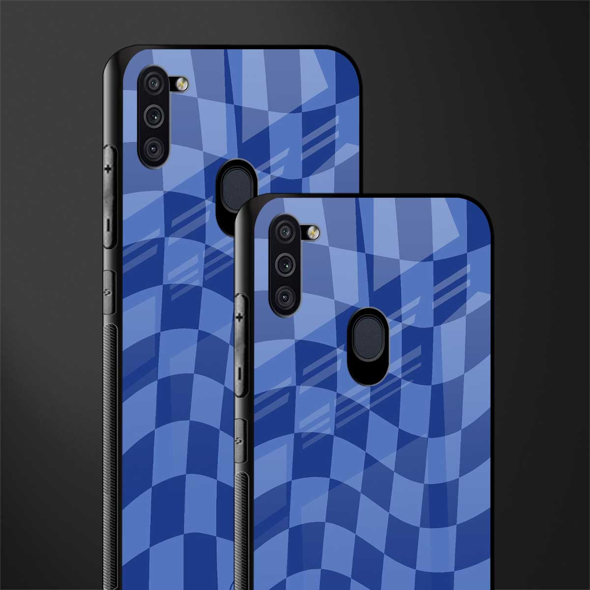 blue trippy check pattern glass case for samsung galaxy m11 image-2