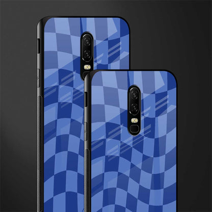 blue trippy check pattern glass case for oneplus 6 image-2