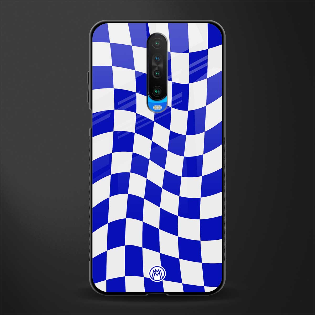 blue white trippy check pattern glass case for poco x2 image