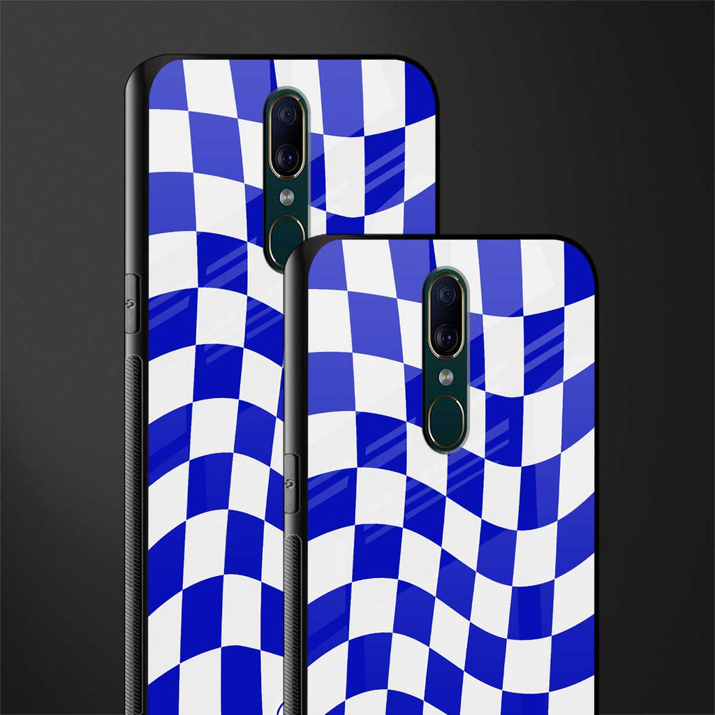 blue white trippy check pattern glass case for oppo f11 image-2