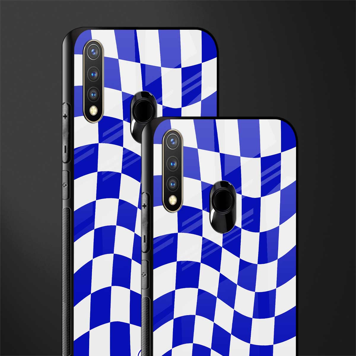 blue white trippy check pattern glass case for vivo y19 image-2