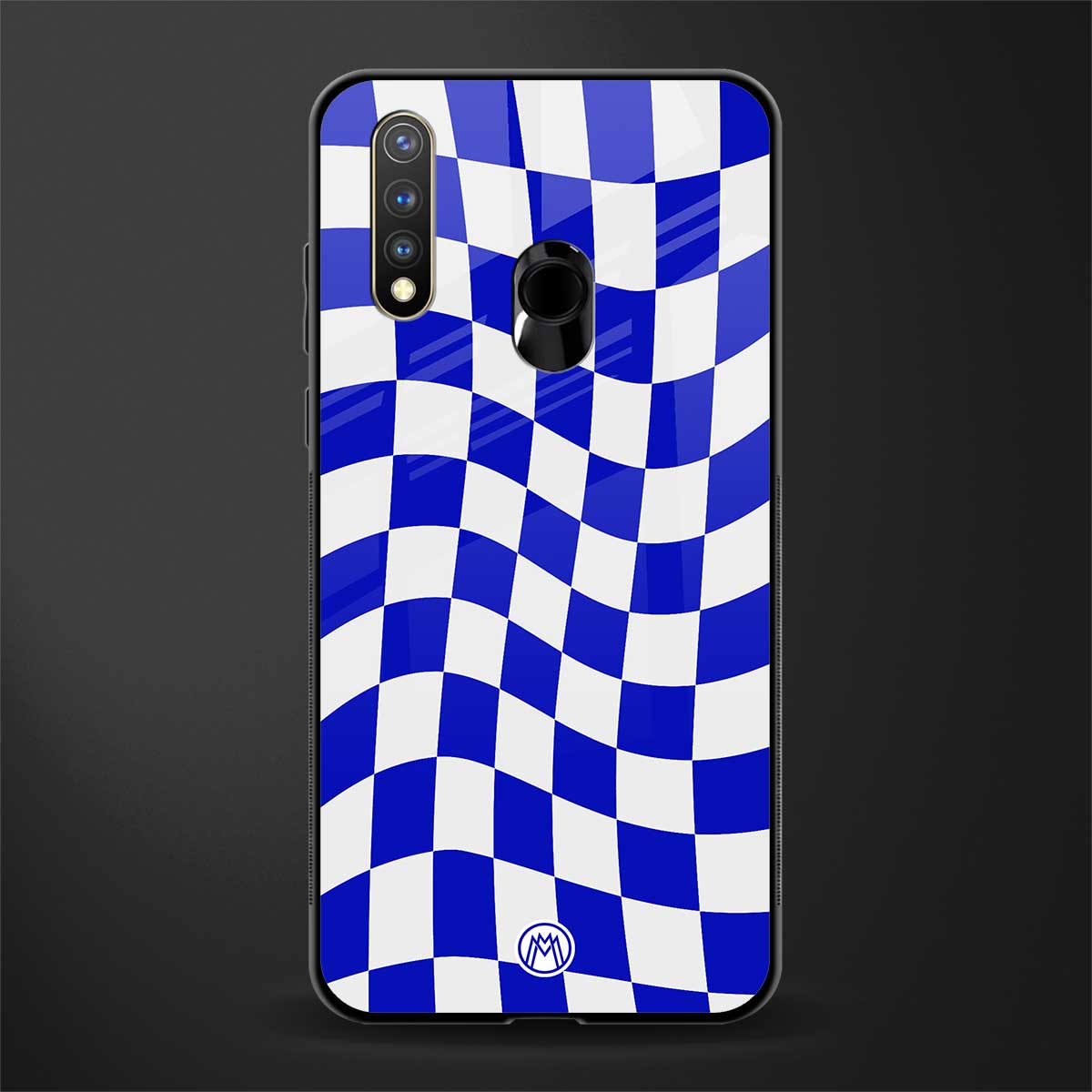 blue white trippy check pattern glass case for vivo u20 image