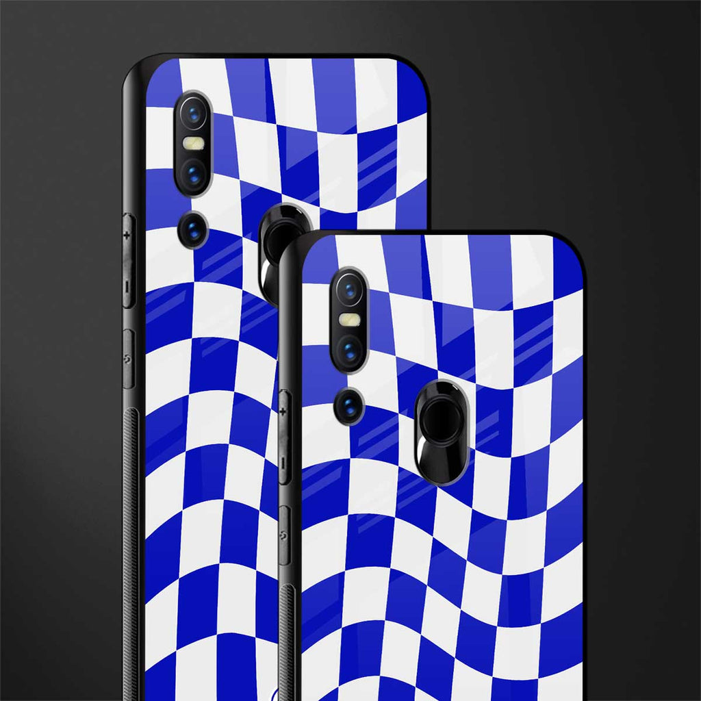 blue white trippy check pattern glass case for vivo v15 image-2