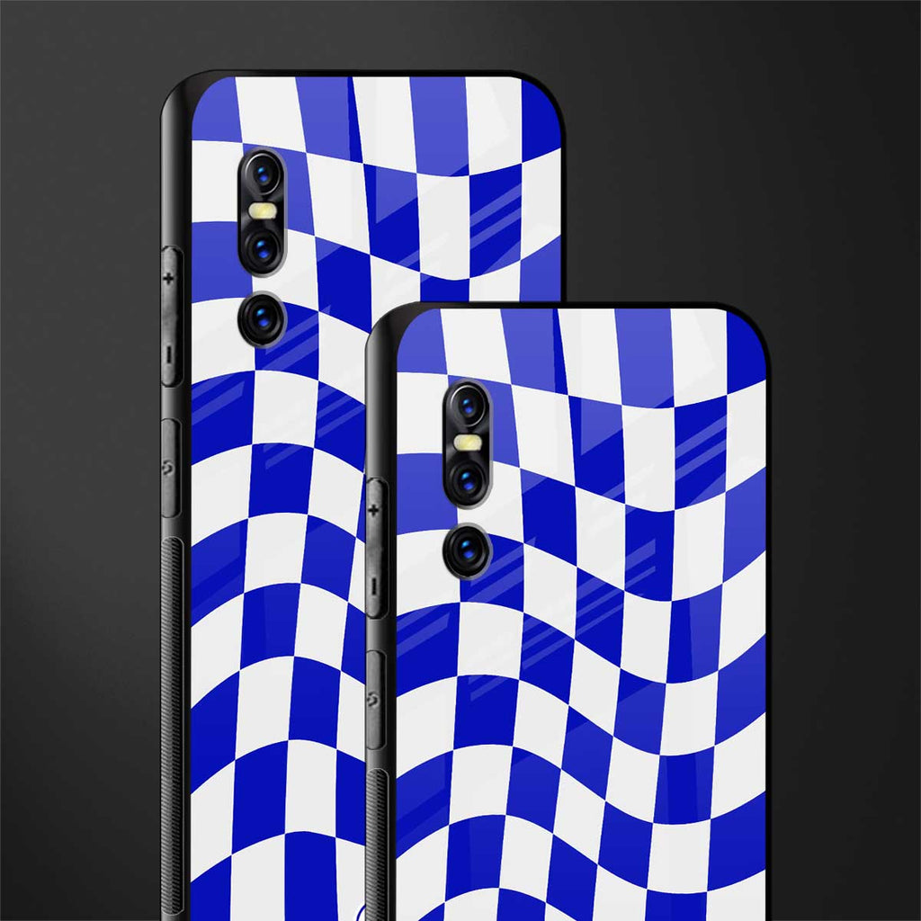 blue white trippy check pattern glass case for vivo v15 pro image-2