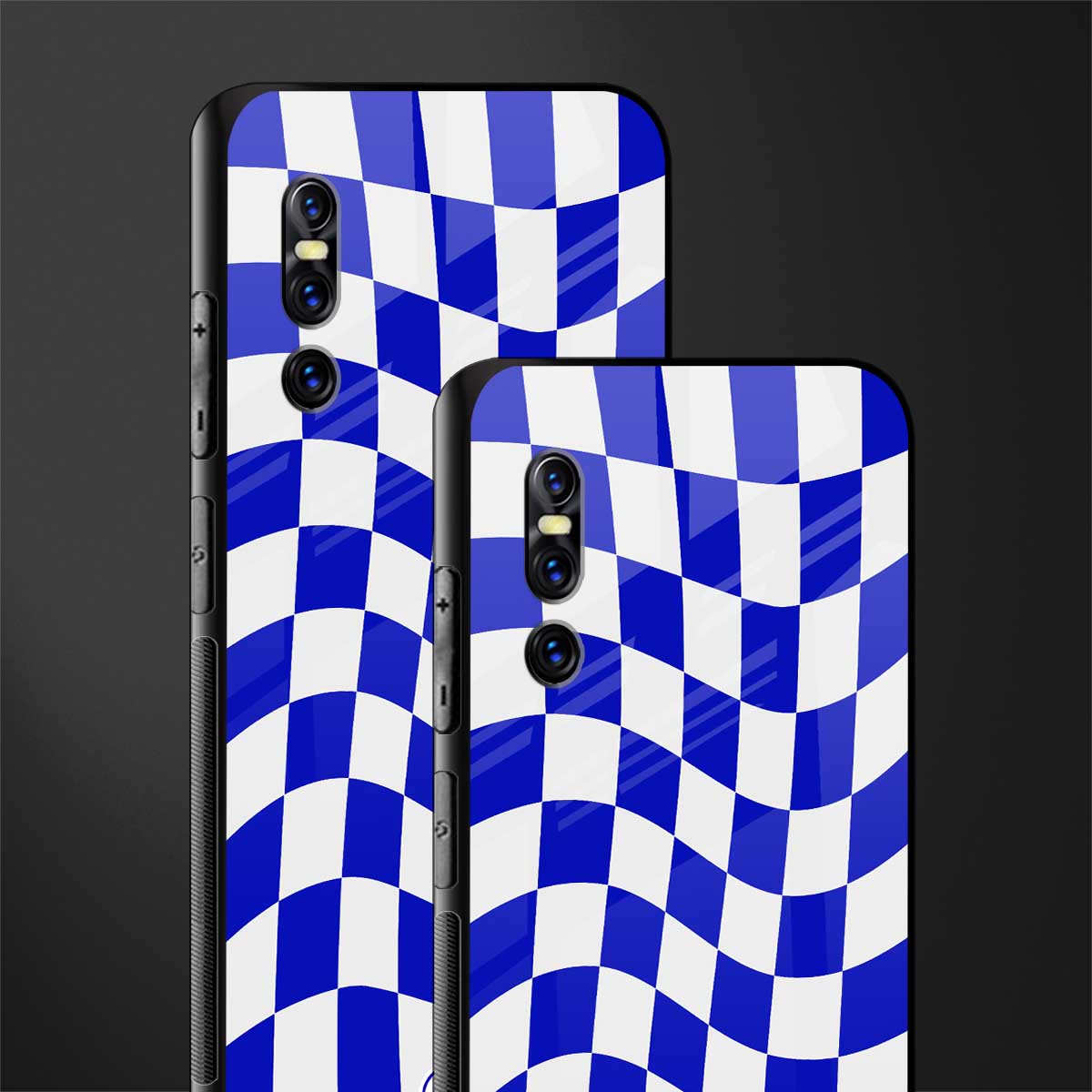 blue white trippy check pattern glass case for vivo v15 pro image-2