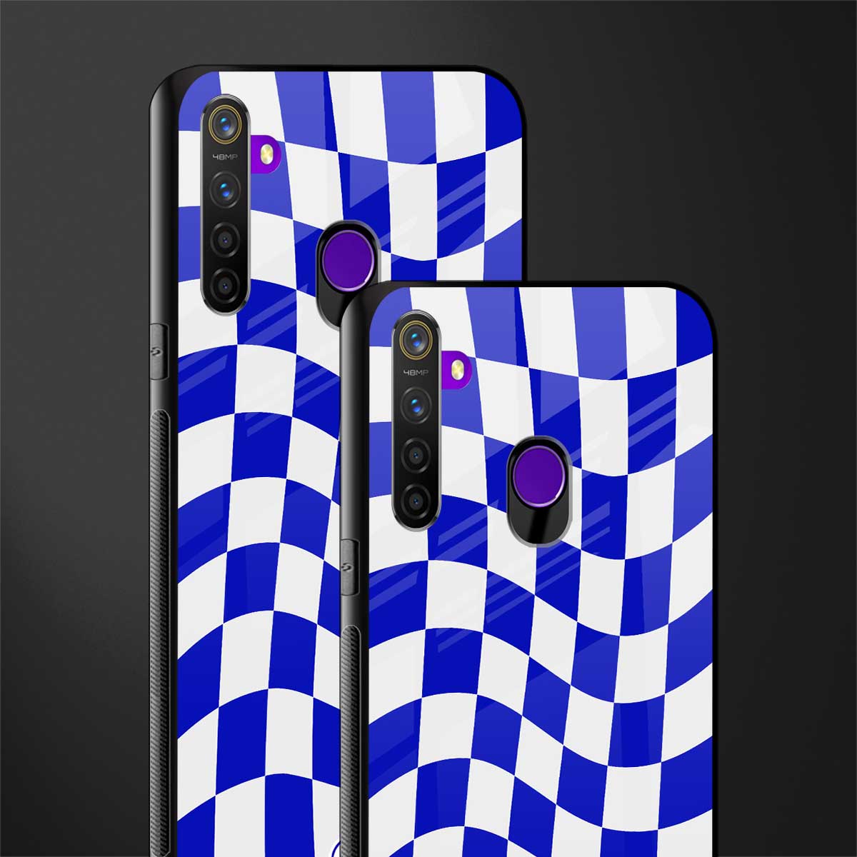blue white trippy check pattern glass case for realme 5s image-2