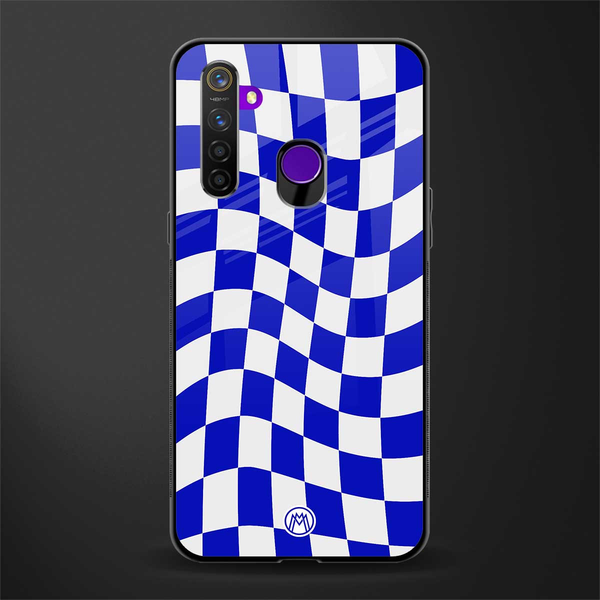 blue white trippy check pattern glass case for realme 5s image