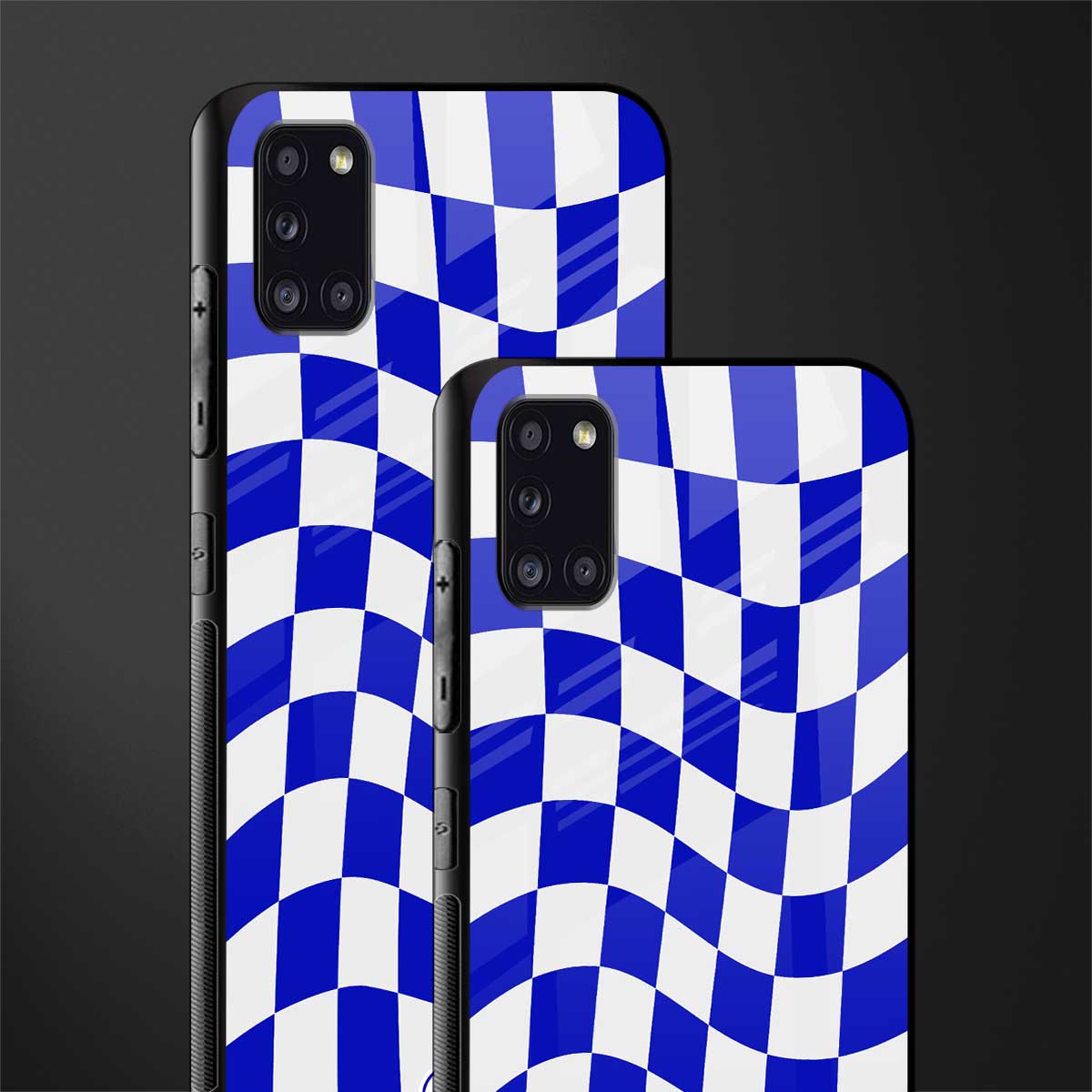 blue white trippy check pattern glass case for samsung galaxy a31 image-2