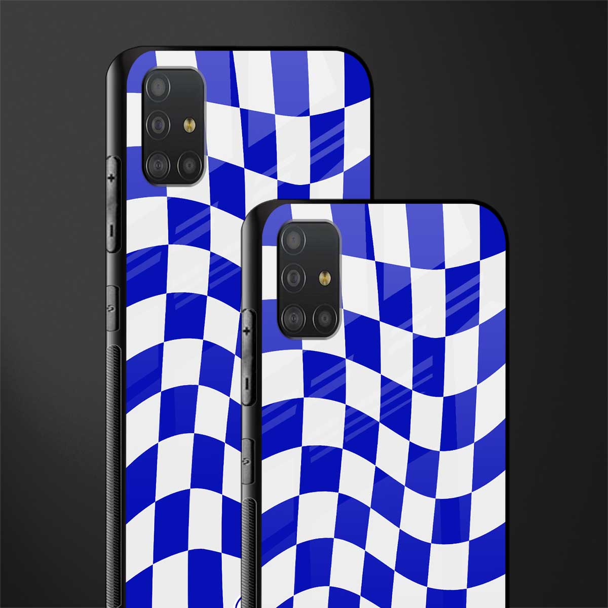 blue white trippy check pattern glass case for samsung galaxy a51 image-2