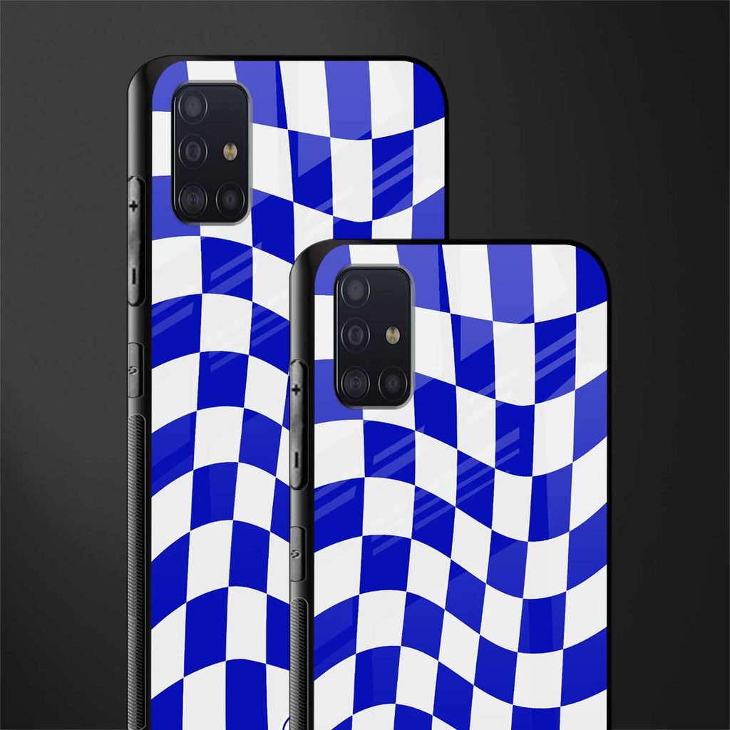 blue white trippy check pattern glass case for samsung galaxy a71 image-2