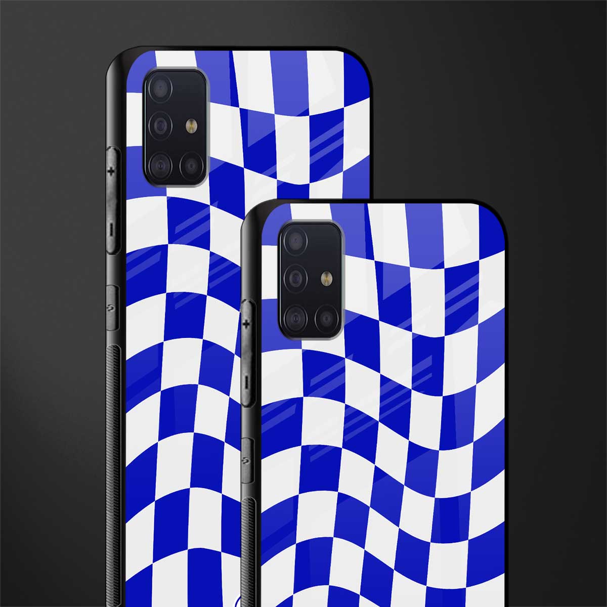 blue white trippy check pattern glass case for samsung galaxy a71 image-2