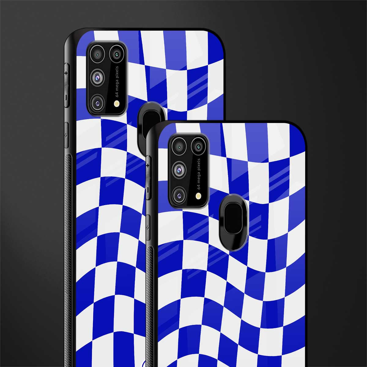 blue white trippy check pattern glass case for samsung galaxy f41 image-2