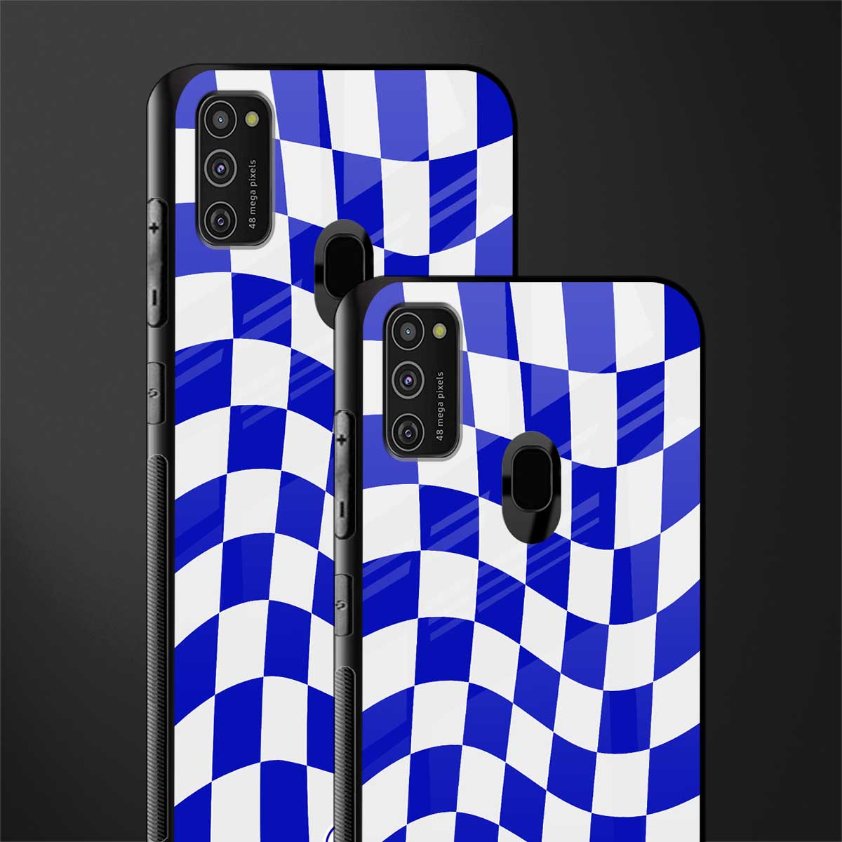 blue white trippy check pattern glass case for samsung galaxy m21 image-2