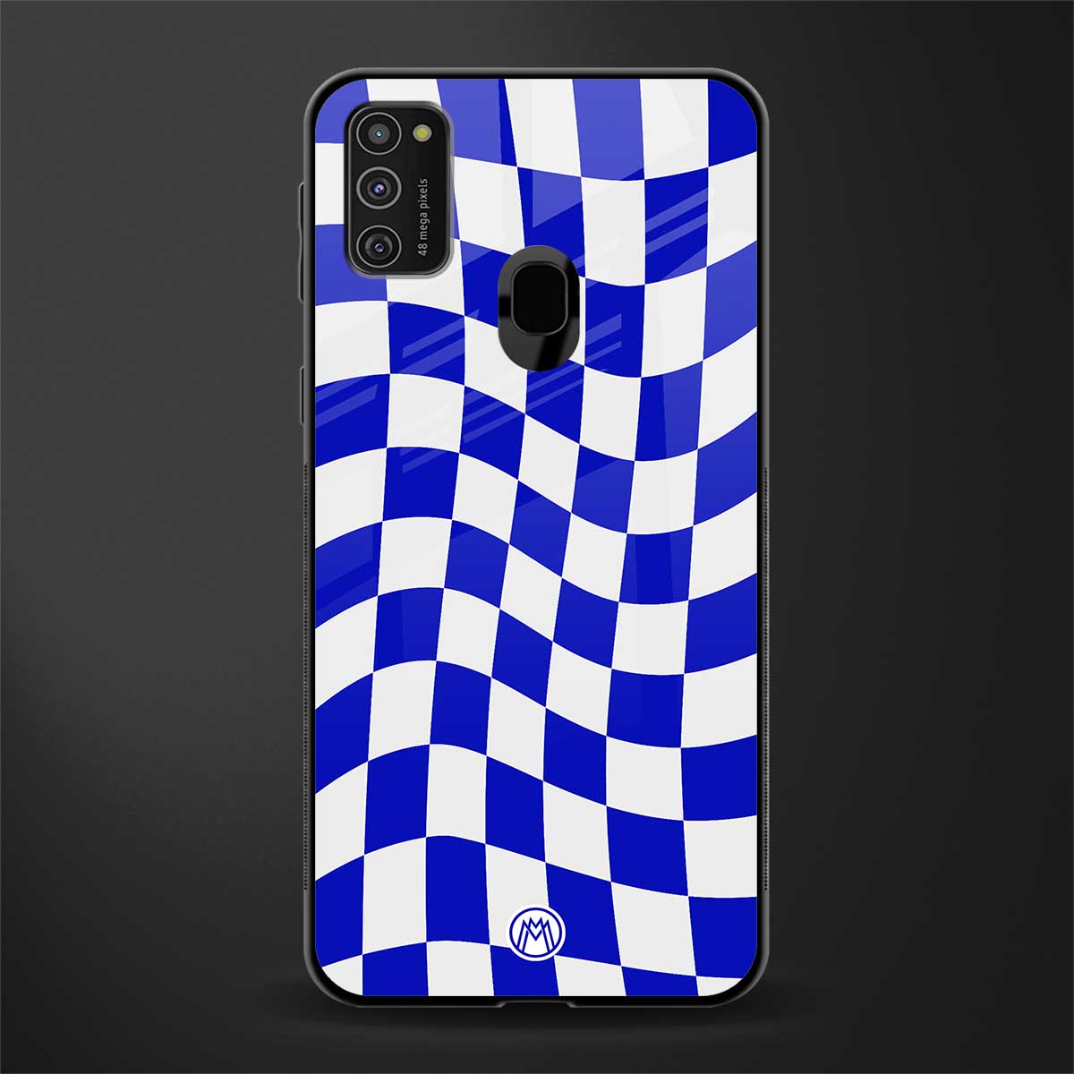 blue white trippy check pattern glass case for samsung galaxy m21 image