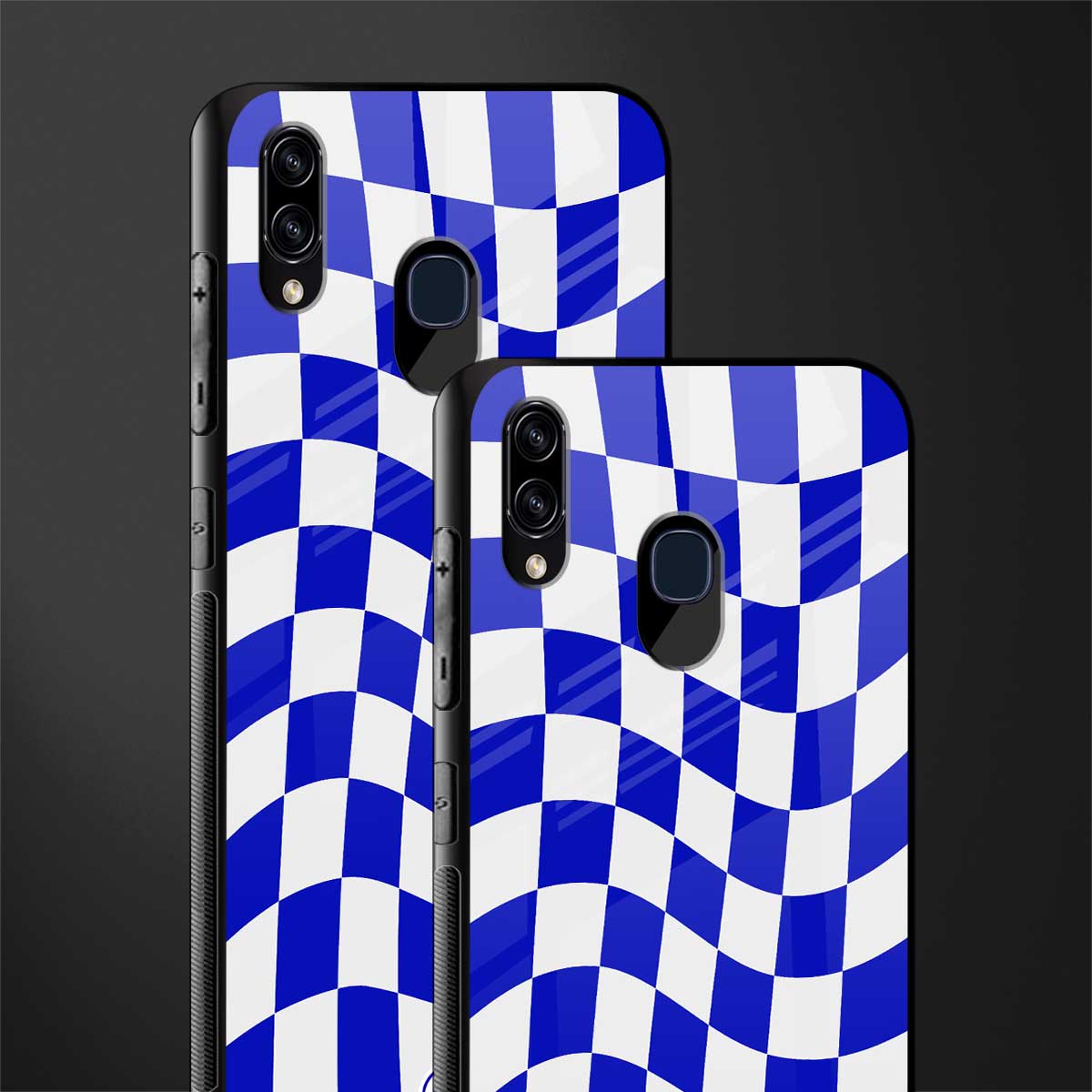 blue white trippy check pattern glass case for samsung galaxy a30 image-2