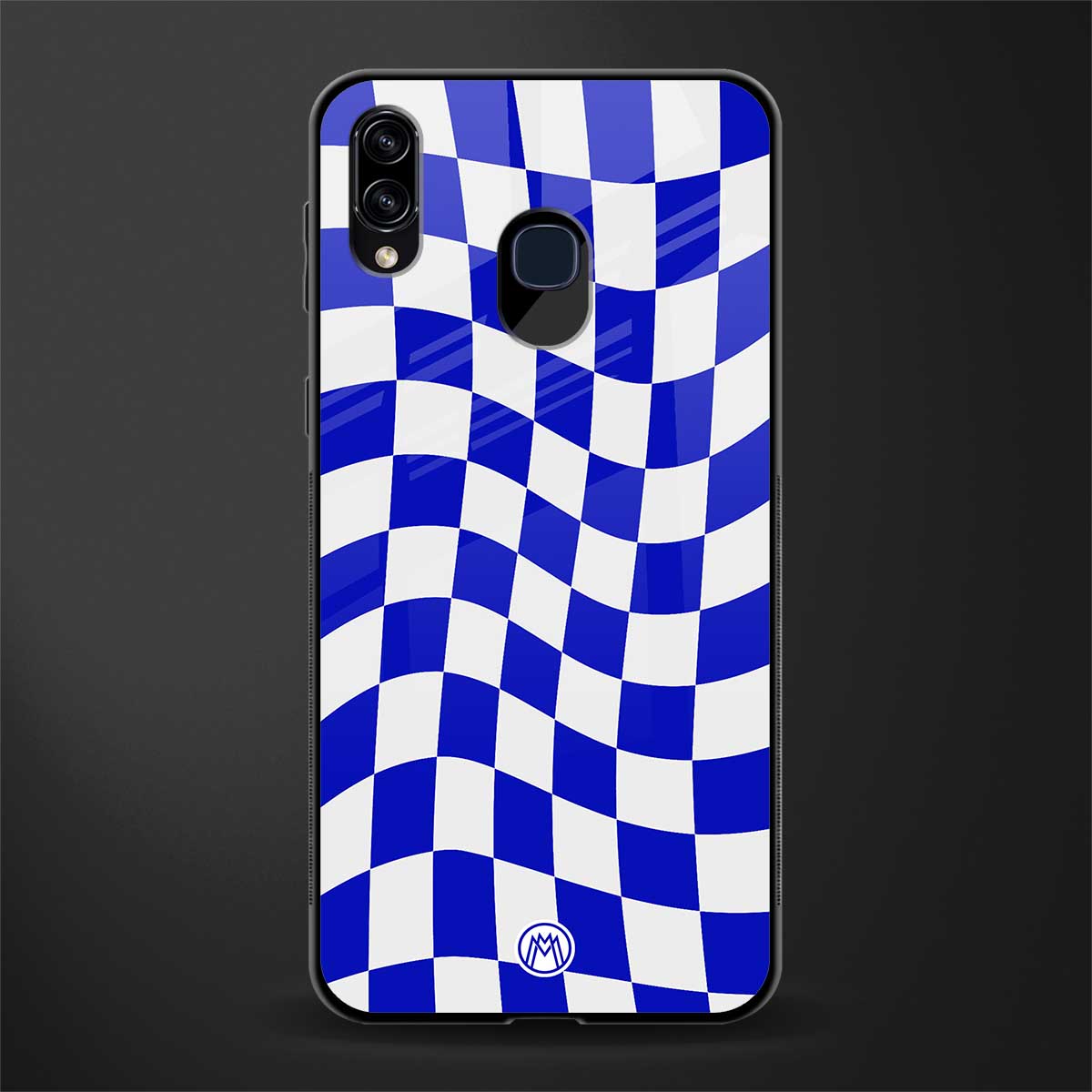 blue white trippy check pattern glass case for samsung galaxy a20 image