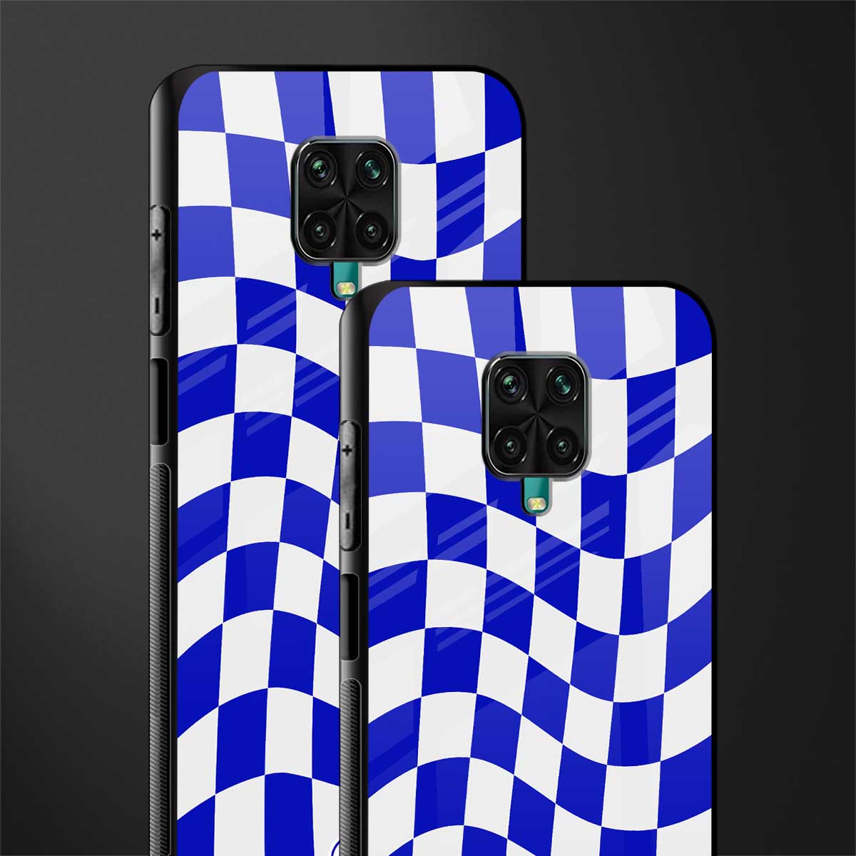 blue white trippy check pattern glass case for redmi note 9 pro image-2