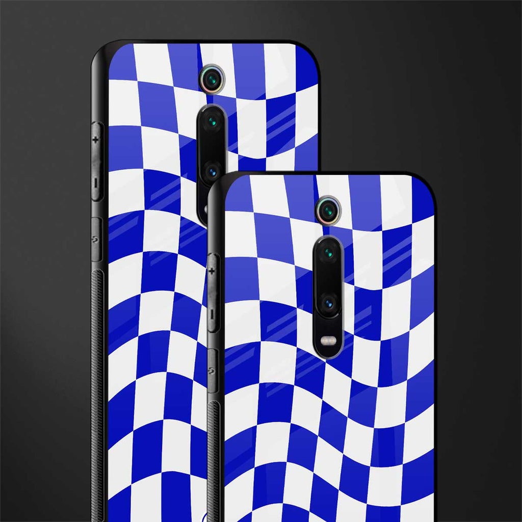 blue white trippy check pattern glass case for redmi k20 pro image-2