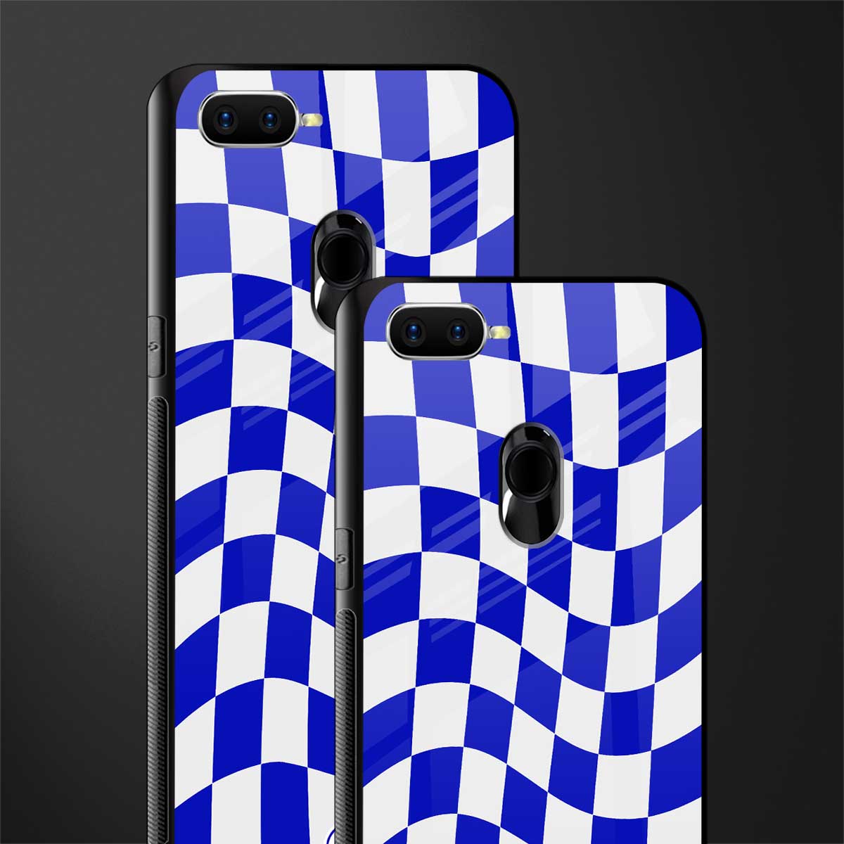 blue white trippy check pattern glass case for oppo a7 image-2