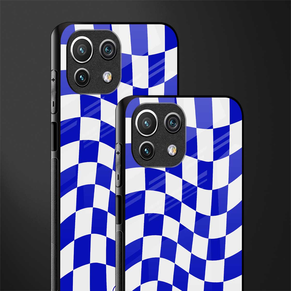 blue white trippy check pattern glass case for mi 11 lite image-2