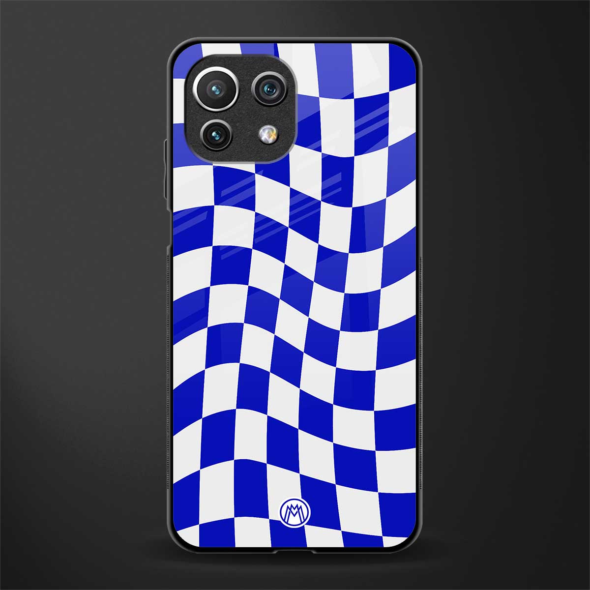 blue white trippy check pattern glass case for mi 11 lite image