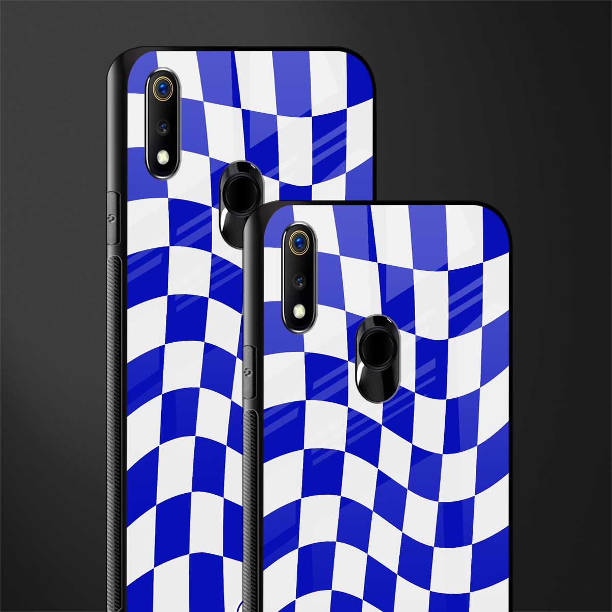 blue white trippy check pattern glass case for realme 3 pro image-2