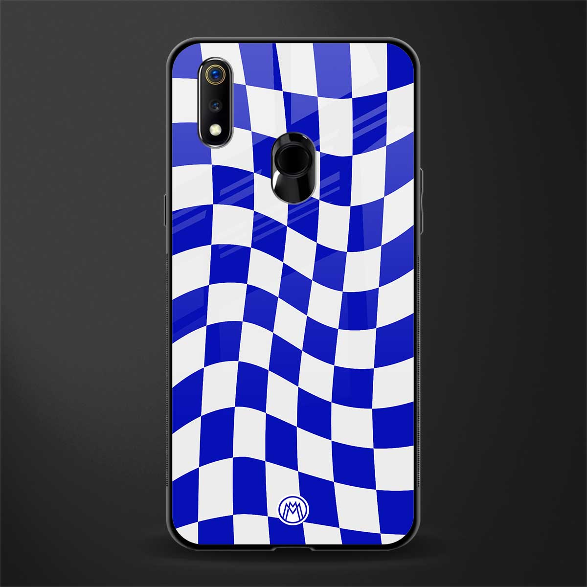 blue white trippy check pattern glass case for realme 3 pro image